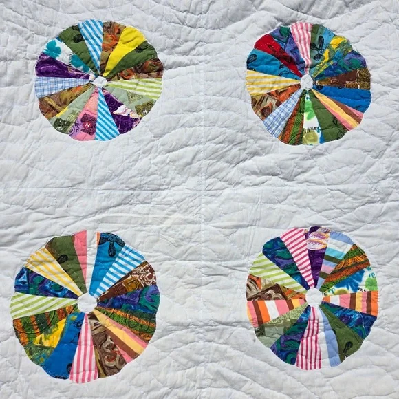 Vintage Dresden Plate Quilt Patchwork 1940-50 Feedsack Fabric Full, Cottagecore - Picture 3 of 7